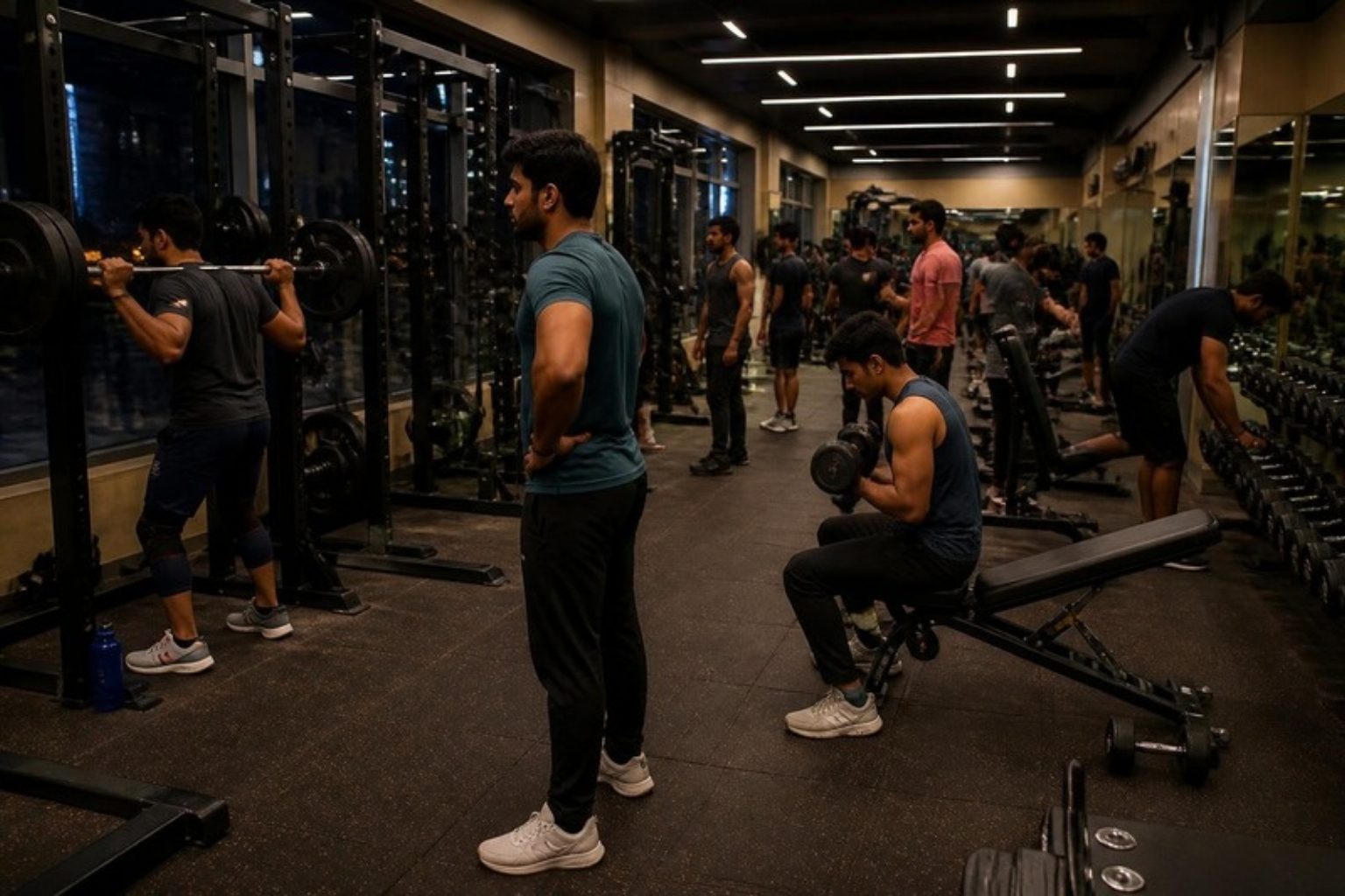 Busy evening gym with members training and waiting near the racks