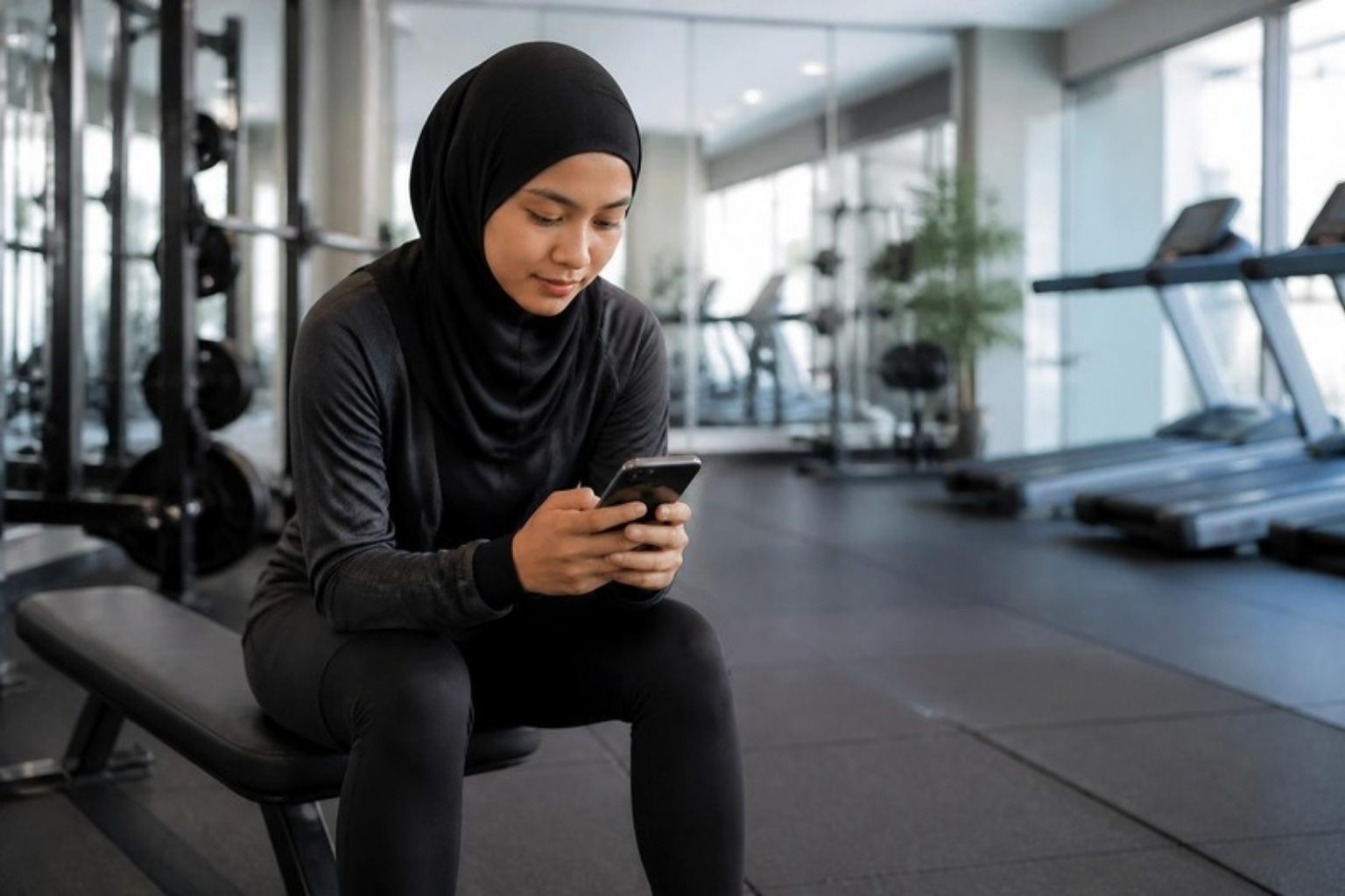 Woman in a sports hijab checking gym timings on her phone in a gym
