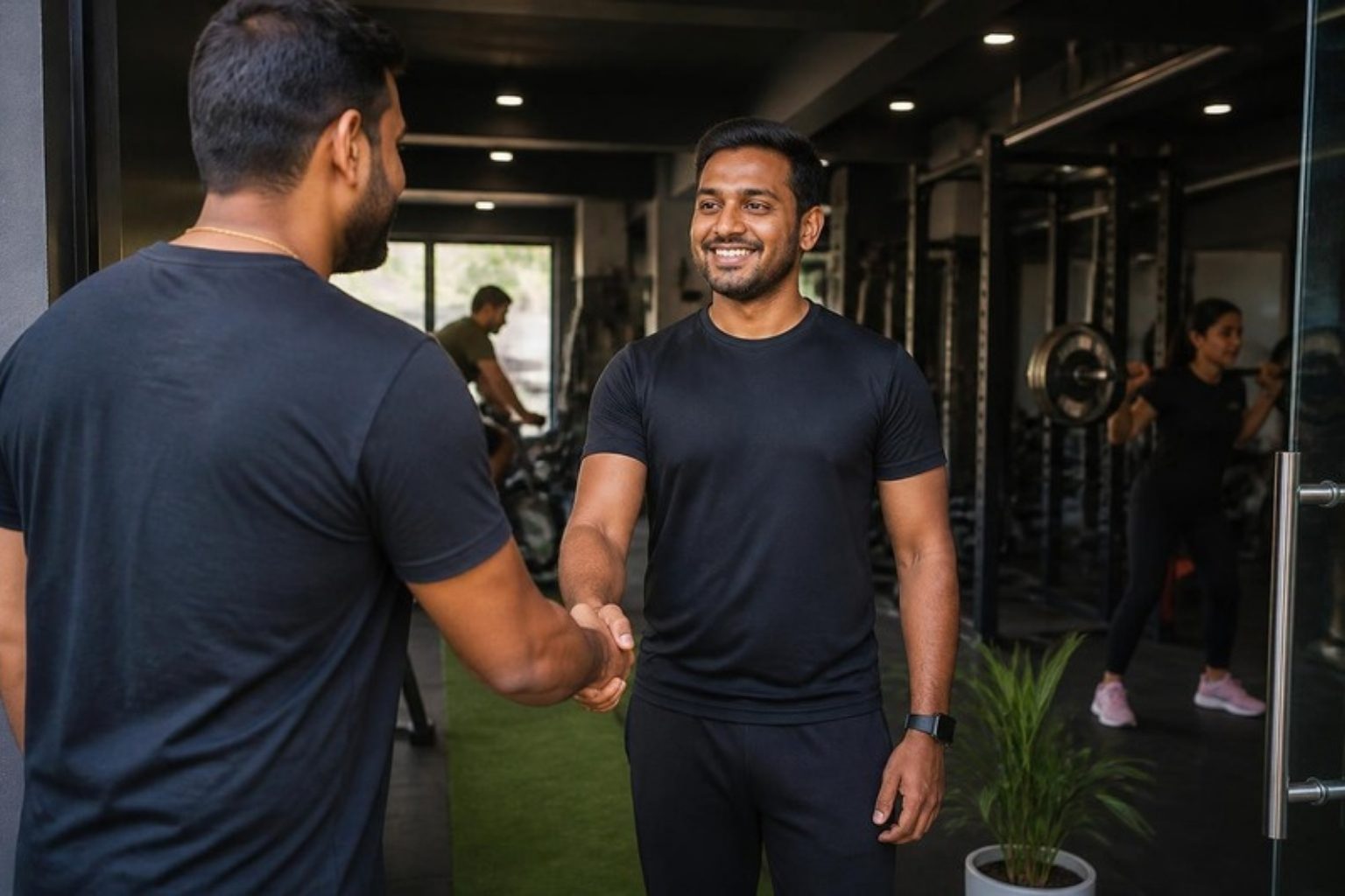 Gym staff member shaking hands with a visitor at the entrance