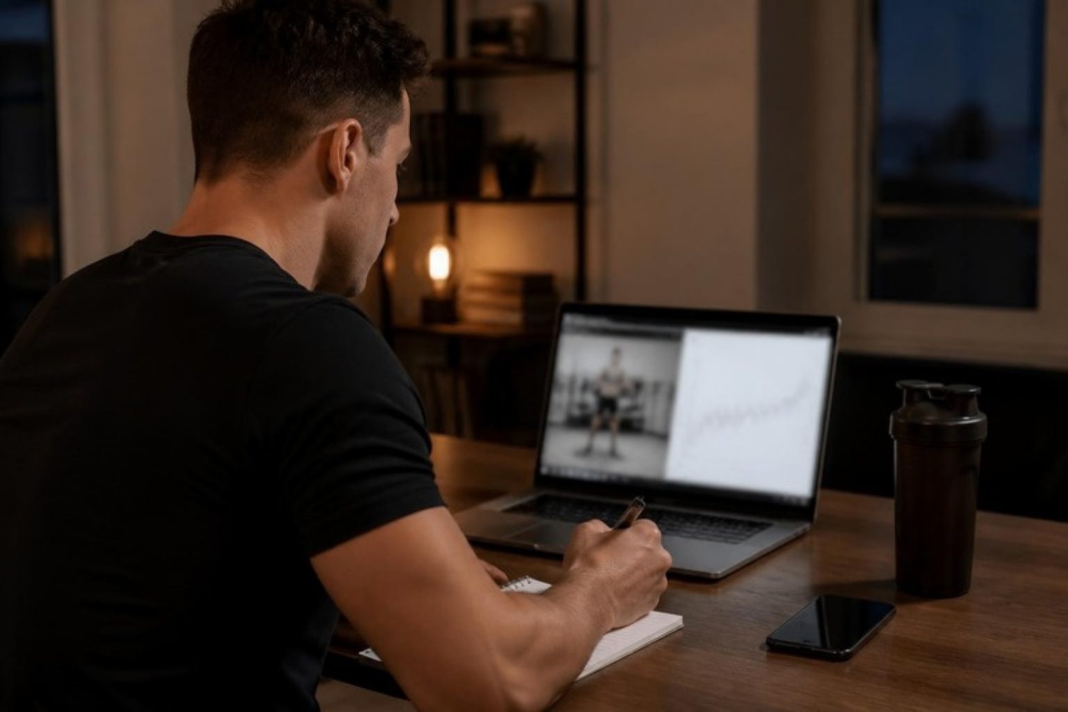 Coach reviewing a client's exercise video on a laptop with notes